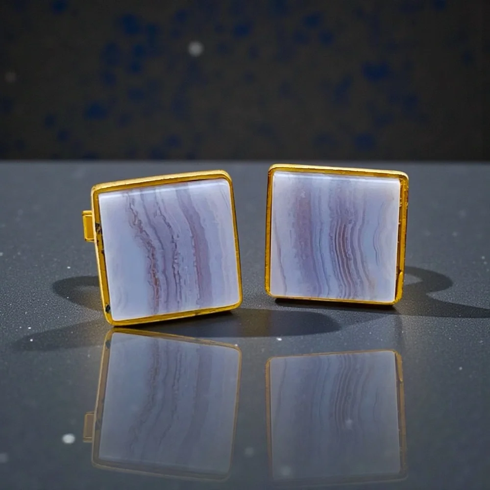 Fabulous Vintage Genuine Polished Blue Lace and Gold Tone Cufflinks